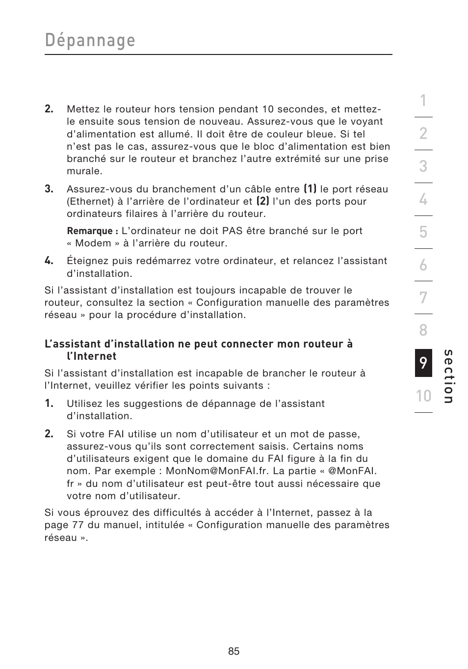 Dépannage, Se ct io n | Belkin F5D8633-4 User Manual | Page 188 / 606