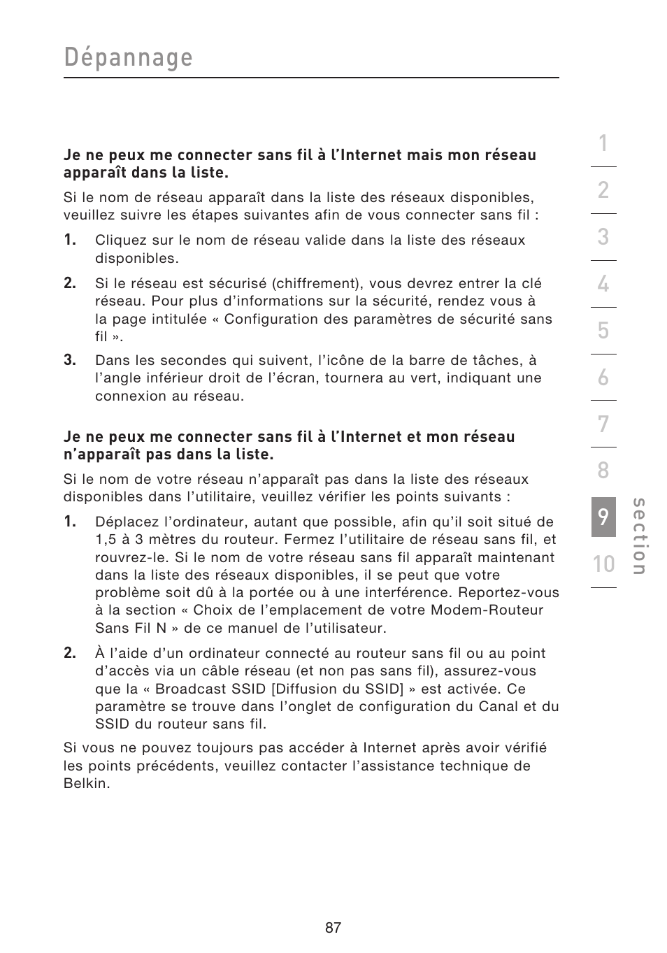 Dépannage, Se ct io n | Belkin F5D8633-4 User Manual | Page 190 / 606