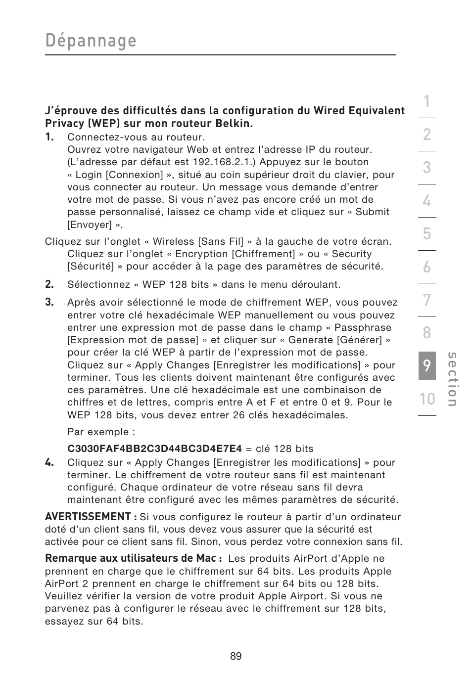 Dépannage, Se ct io n | Belkin F5D8633-4 User Manual | Page 192 / 606