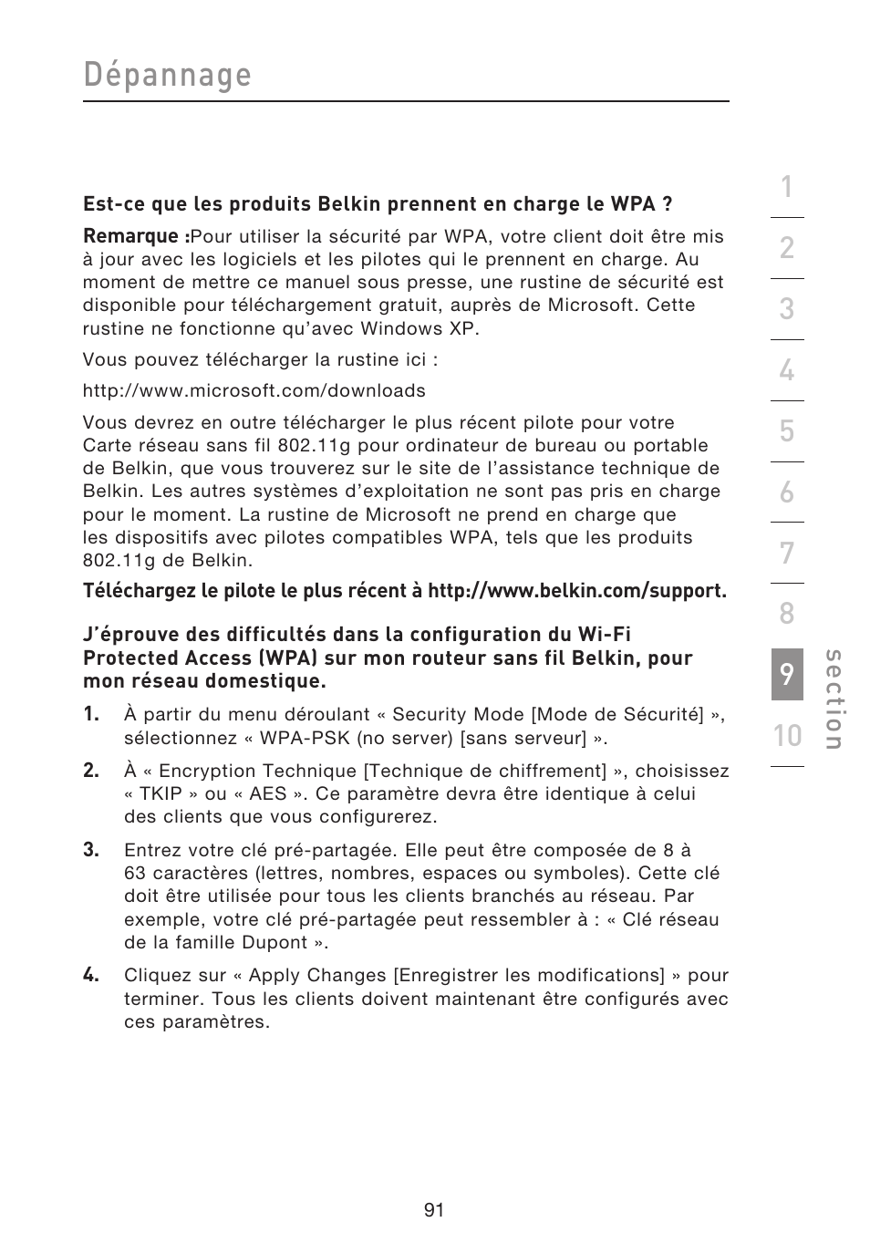 Dépannage, Se ct io n | Belkin F5D8633-4 User Manual | Page 194 / 606