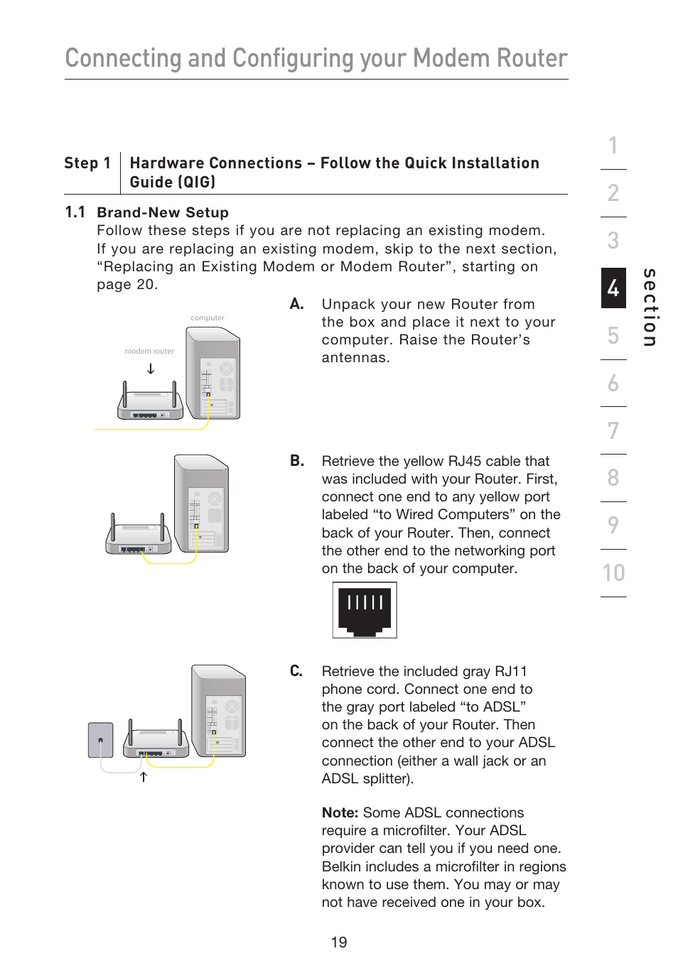 Connecting and configuring your modem router, Se ct io n | Belkin F5D8633-4 User Manual | Page 21 / 606