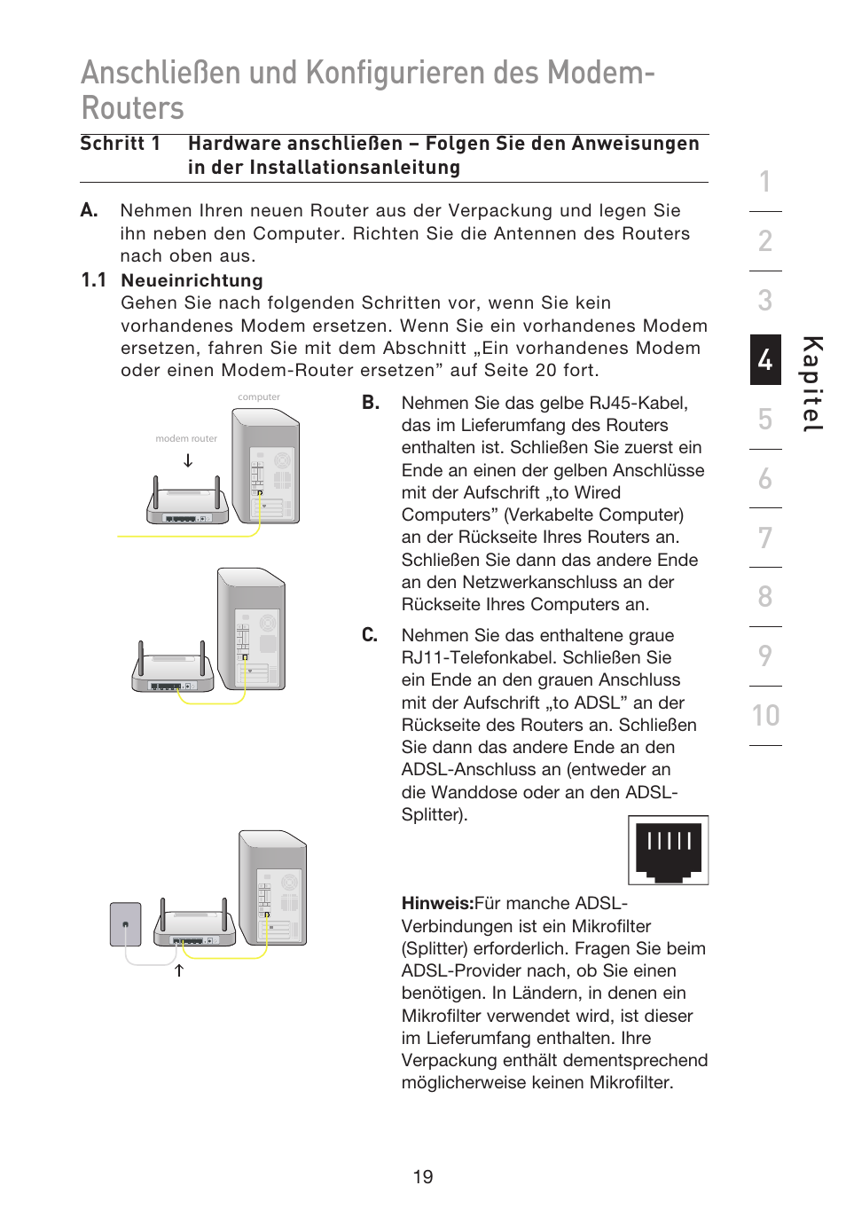 Anschließen und konfigurieren des modem- routers, Kap ite l | Belkin F5D8633-4 User Manual | Page 223 / 606