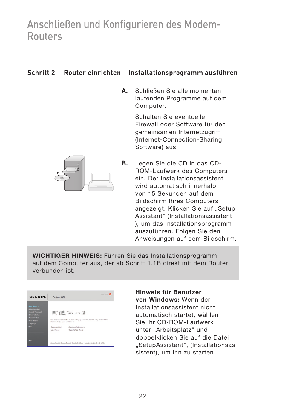 Anschließen und konfigurieren des modem- routers | Belkin F5D8633-4 User Manual | Page 226 / 606