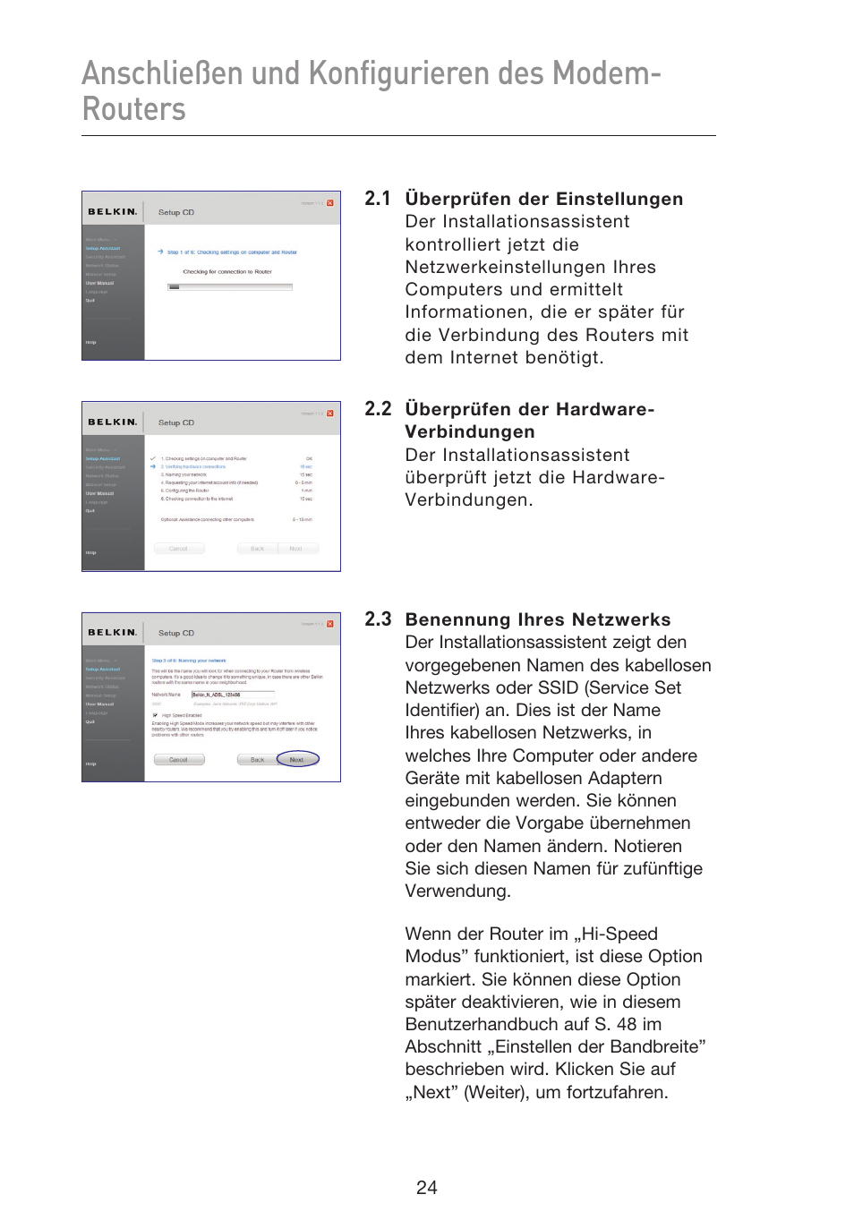 Anschließen und konfigurieren des modem- routers | Belkin F5D8633-4 User Manual | Page 228 / 606