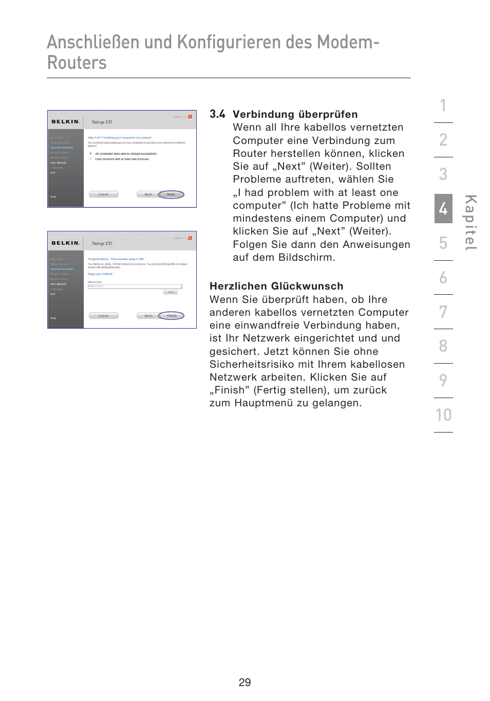 Anschließen und konfigurieren des modem- routers | Belkin F5D8633-4 User Manual | Page 233 / 606