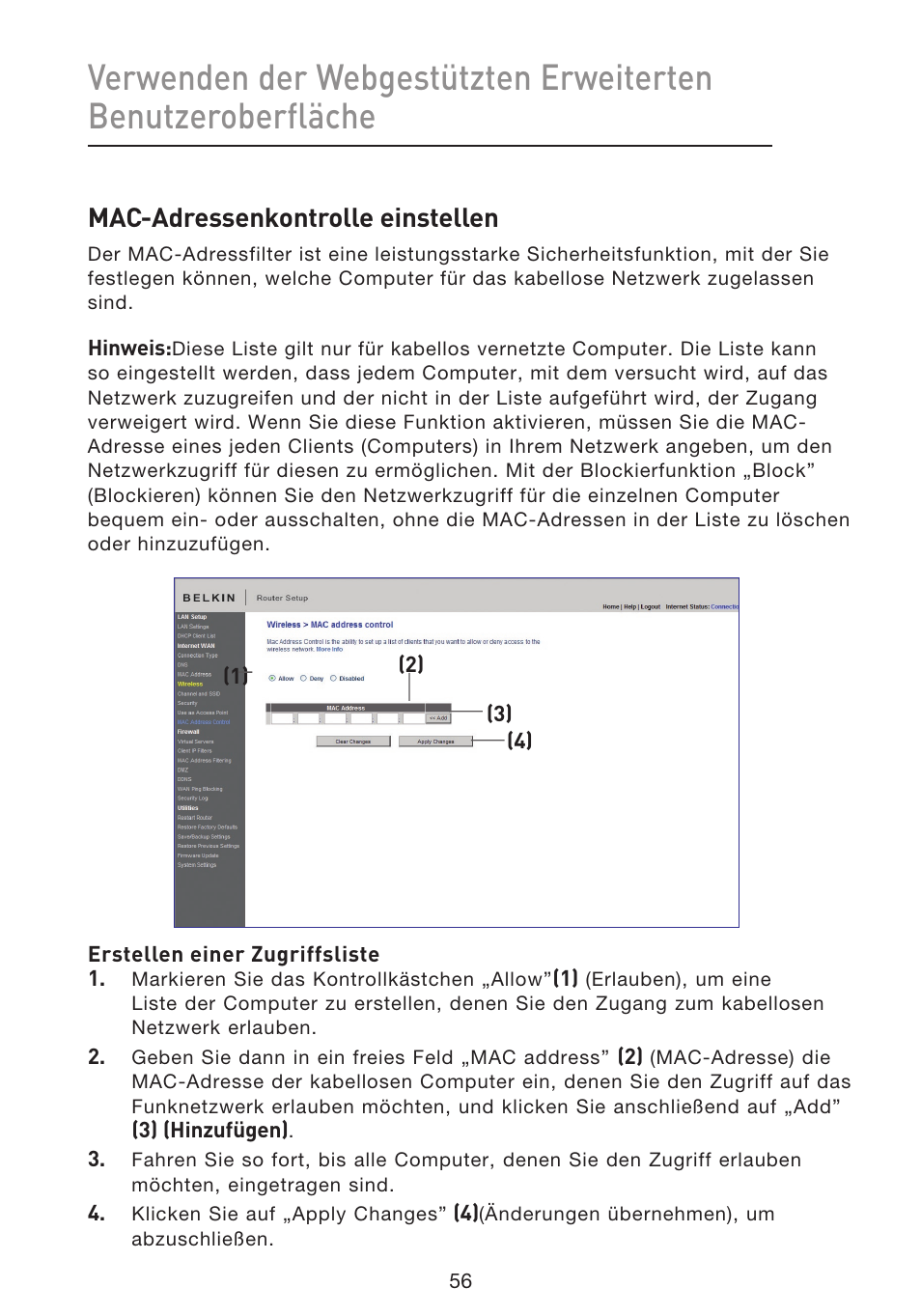 Mac-adressenkontrolle einstellen | Belkin F5D8633-4 User Manual | Page 260 / 606