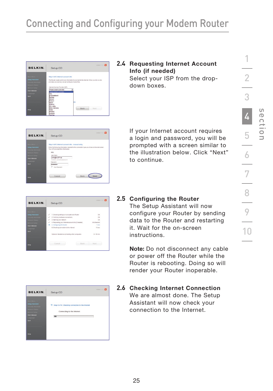 Connecting and configuring your modem router, Se ct io n | Belkin F5D8633-4 User Manual | Page 27 / 606