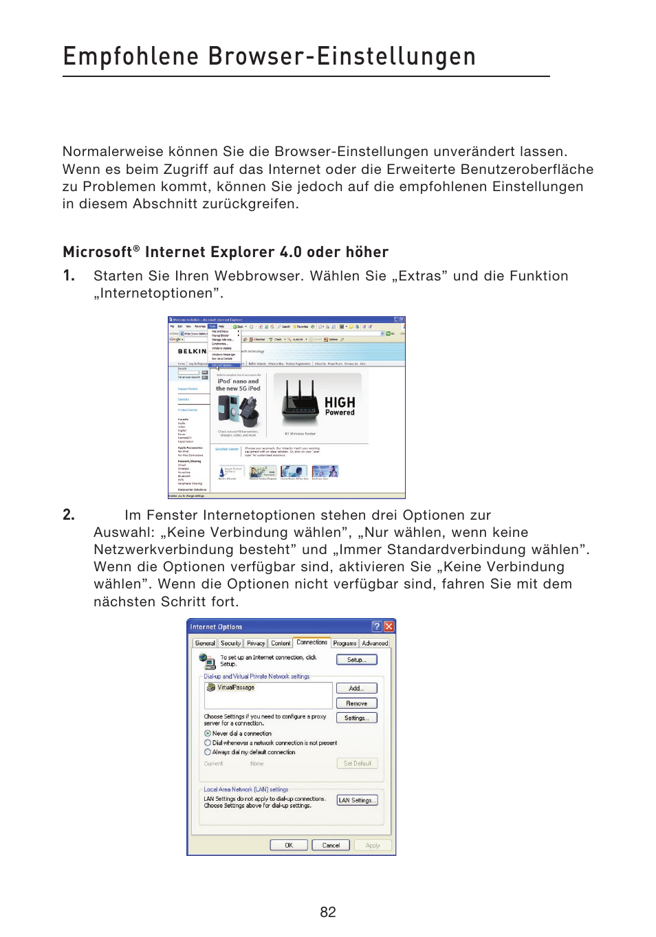 Empfohlene browser-einstellungen | Belkin F5D8633-4 User Manual | Page 286 / 606