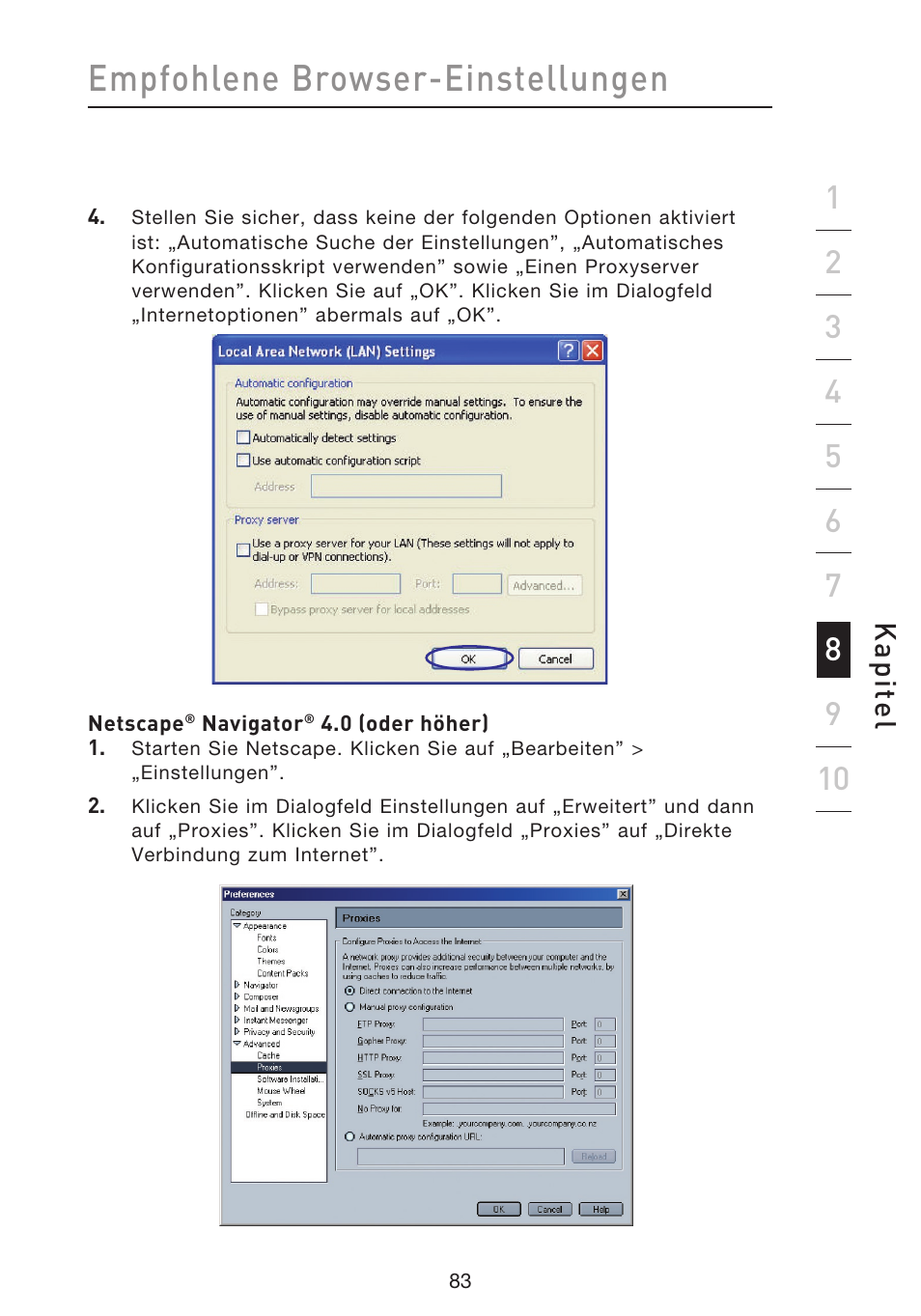 Empfohlene browser-einstellungen, Kap ite l | Belkin F5D8633-4 User Manual | Page 287 / 606