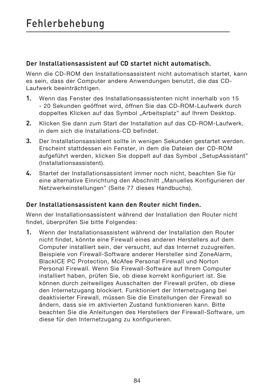 Fehlerbehebung | Belkin F5D8633-4 User Manual | Page 288 / 606