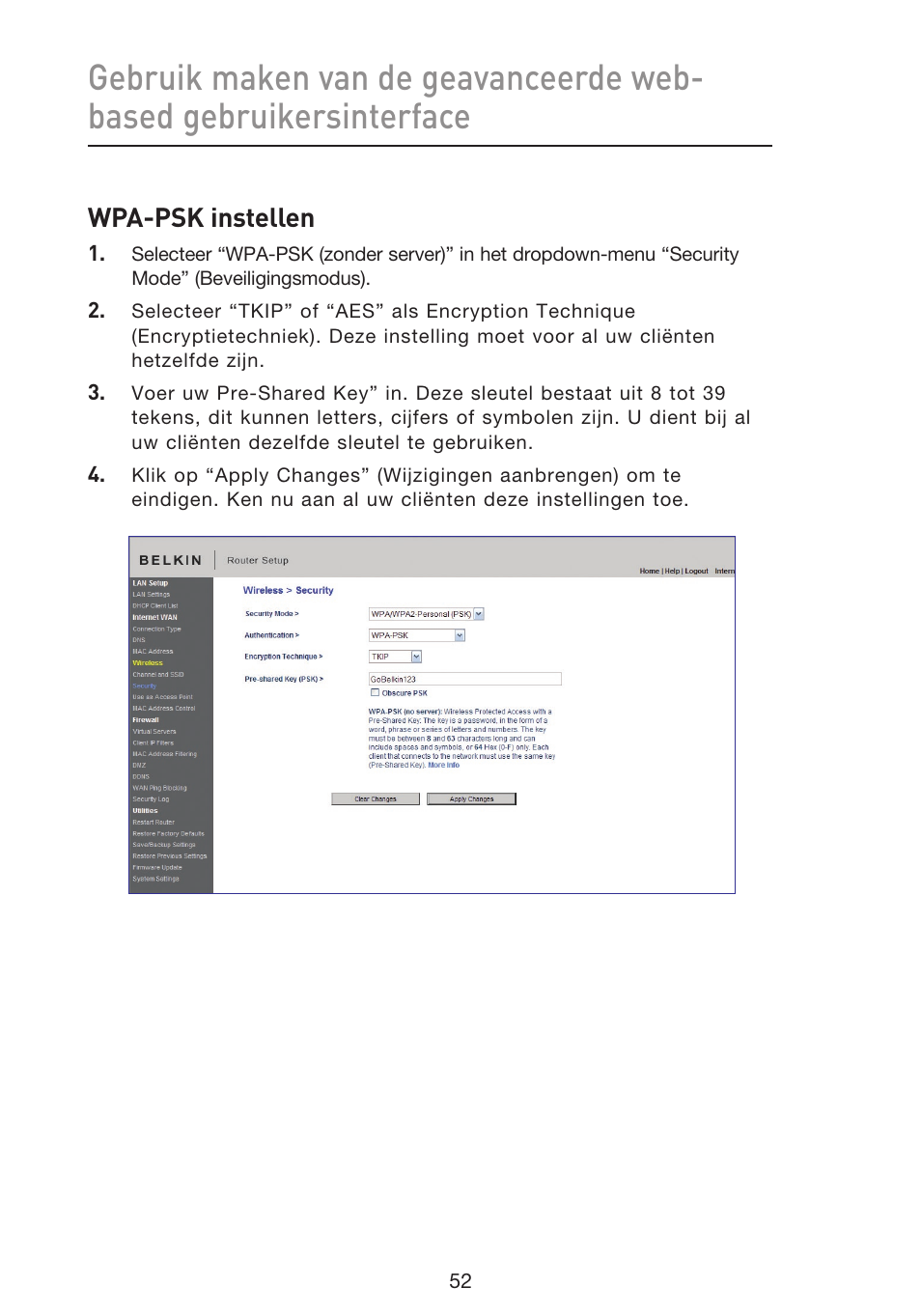 Wpa-psk instellen | Belkin F5D8633-4 User Manual | Page 357 / 606