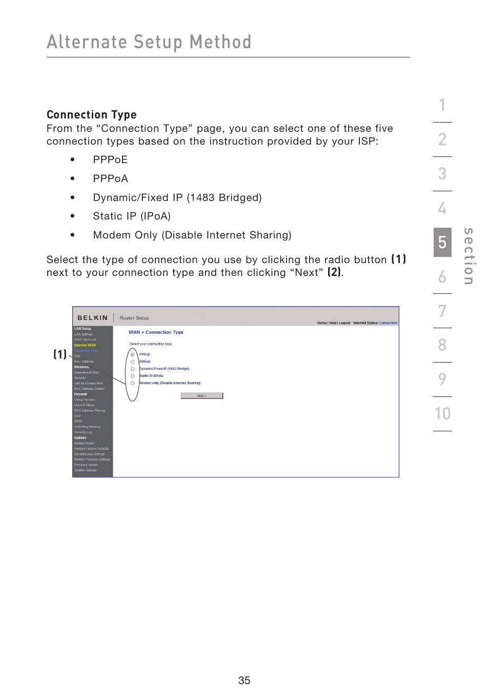 Alternate setup method, Se ct io n | Belkin F5D8633-4 User Manual | Page 37 / 606