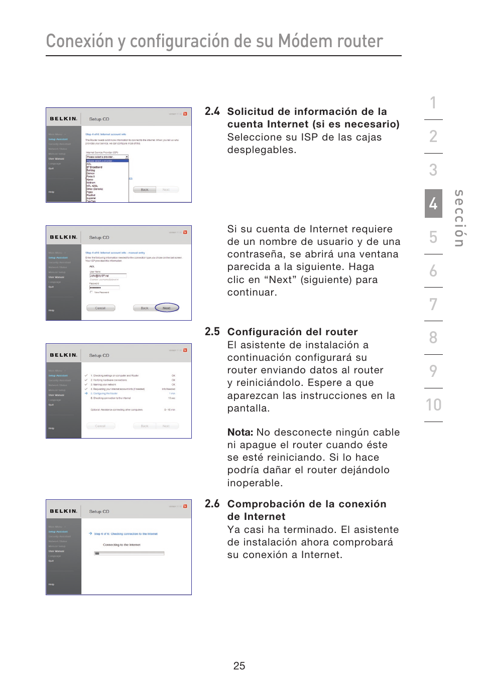 Conexión y configuración de su módem router, Se cc ió n | Belkin F5D8633-4 User Manual | Page 431 / 606