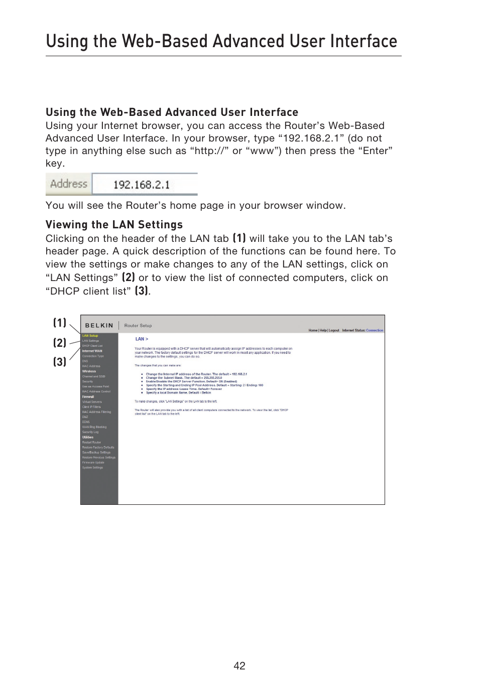 Using the web-based advanced user interface | Belkin F5D8633-4 User Manual | Page 44 / 606