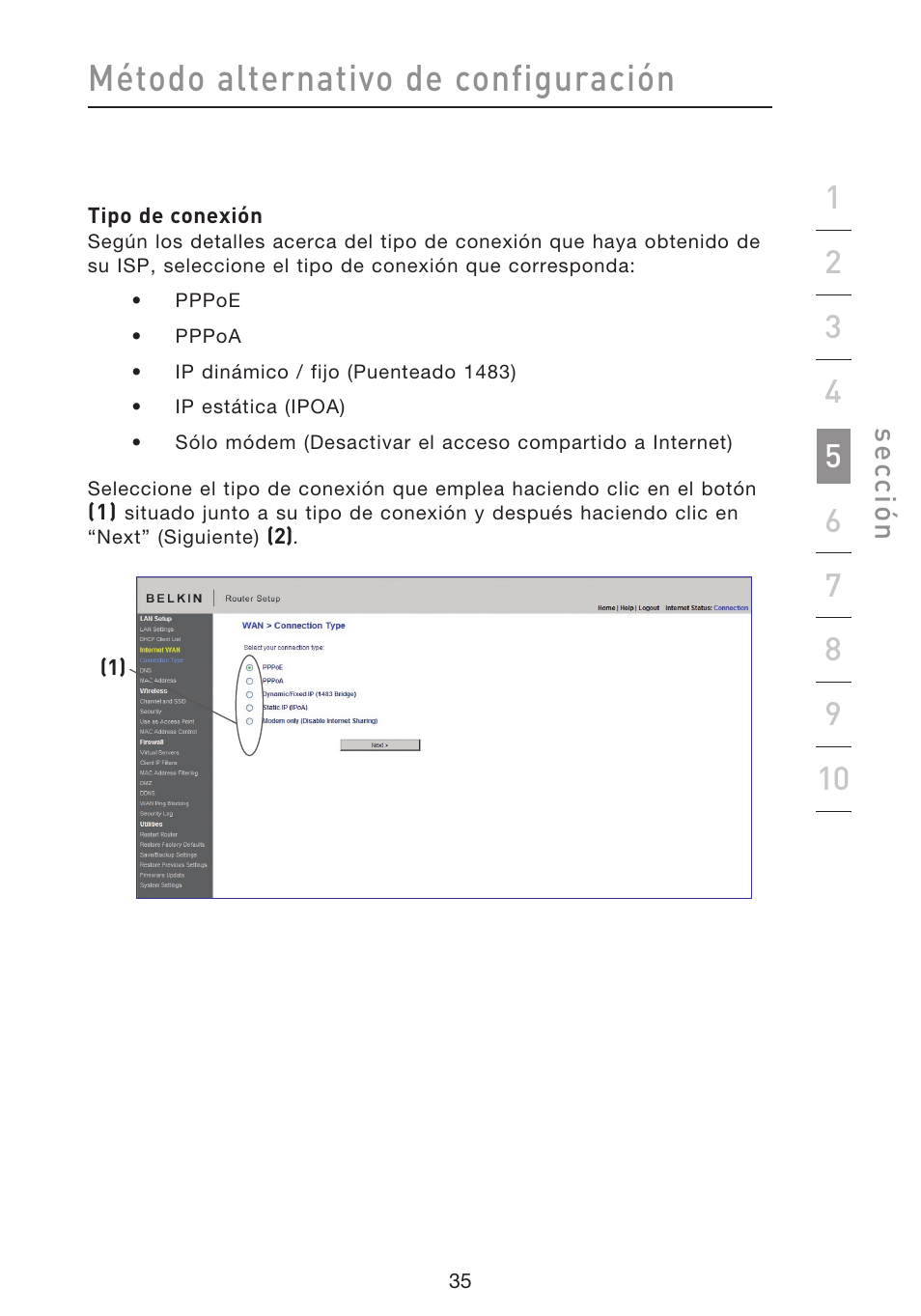 Método alternativo de configuración, Se cc ió n | Belkin F5D8633-4 User Manual | Page 441 / 606