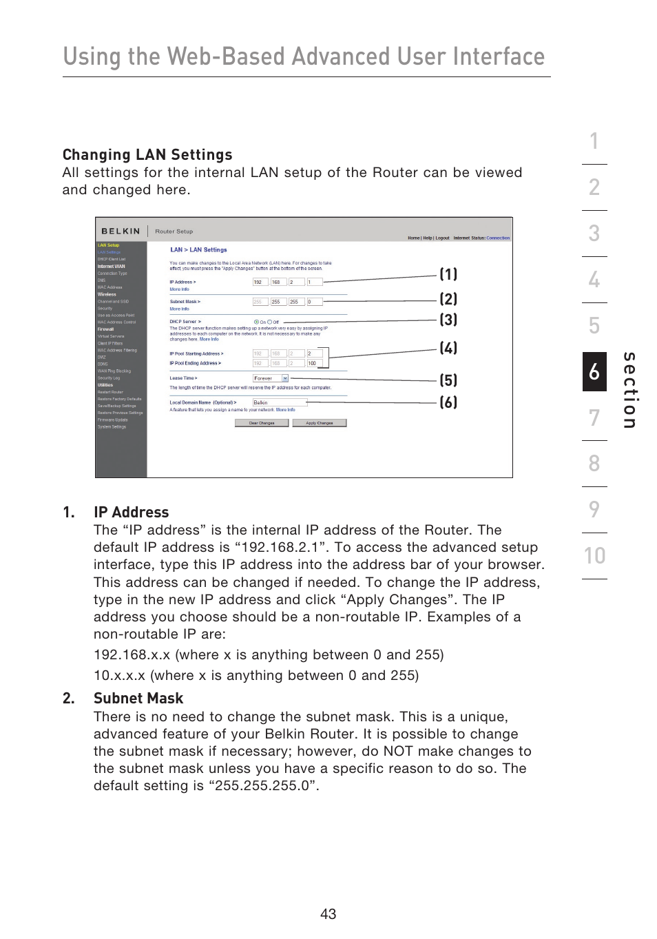 Using the web-based advanced user interface, Se ct io n | Belkin F5D8633-4 User Manual | Page 45 / 606