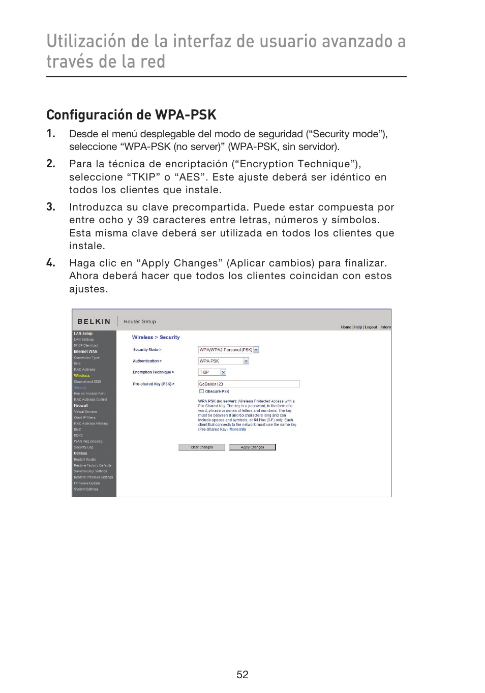 Configuración de wpa-psk | Belkin F5D8633-4 User Manual | Page 458 / 606