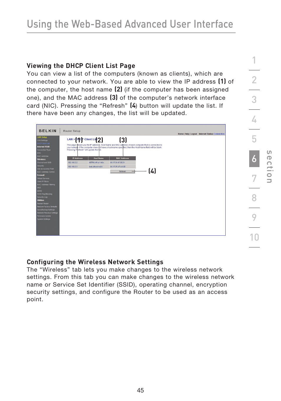 Using the web-based advanced user interface, Se ct io n | Belkin F5D8633-4 User Manual | Page 47 / 606