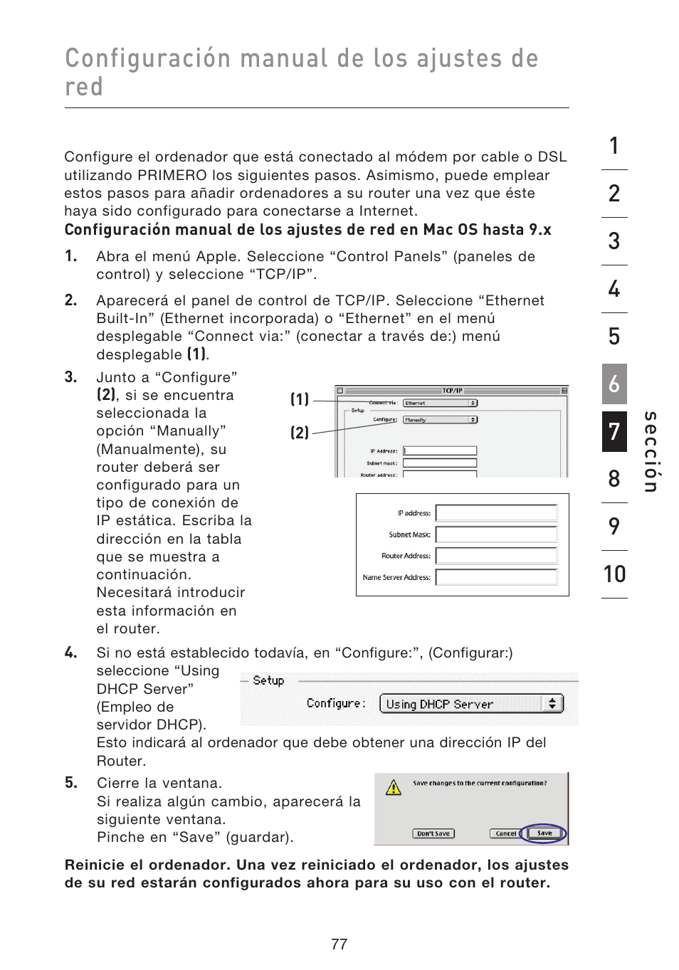 Configuración manual de los ajustes de red, Se cc ió n | Belkin F5D8633-4 User Manual | Page 483 / 606