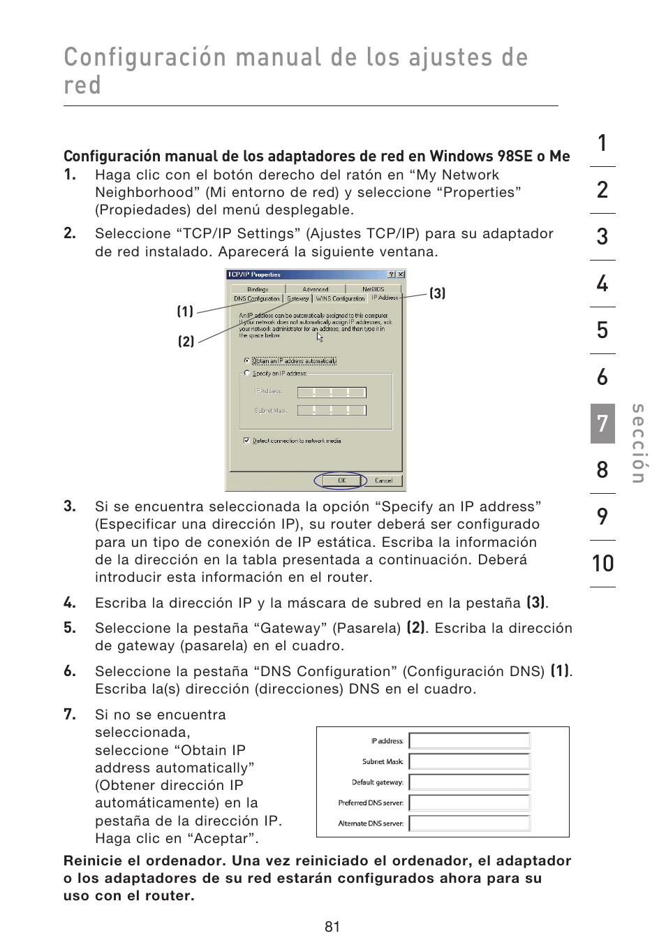 Configuración manual de los ajustes de red, Se cc ió n | Belkin F5D8633-4 User Manual | Page 487 / 606