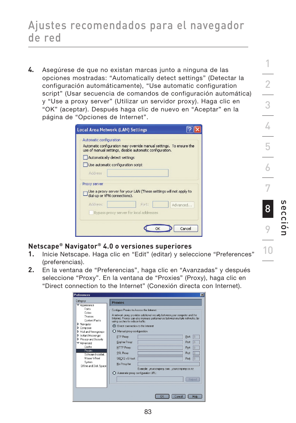 Ajustes recomendados para el navegador de red, Se cc ió n | Belkin F5D8633-4 User Manual | Page 489 / 606