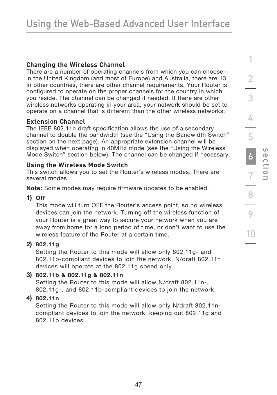 Using the web-based advanced user interface, Se ct io n | Belkin F5D8633-4 User Manual | Page 49 / 606