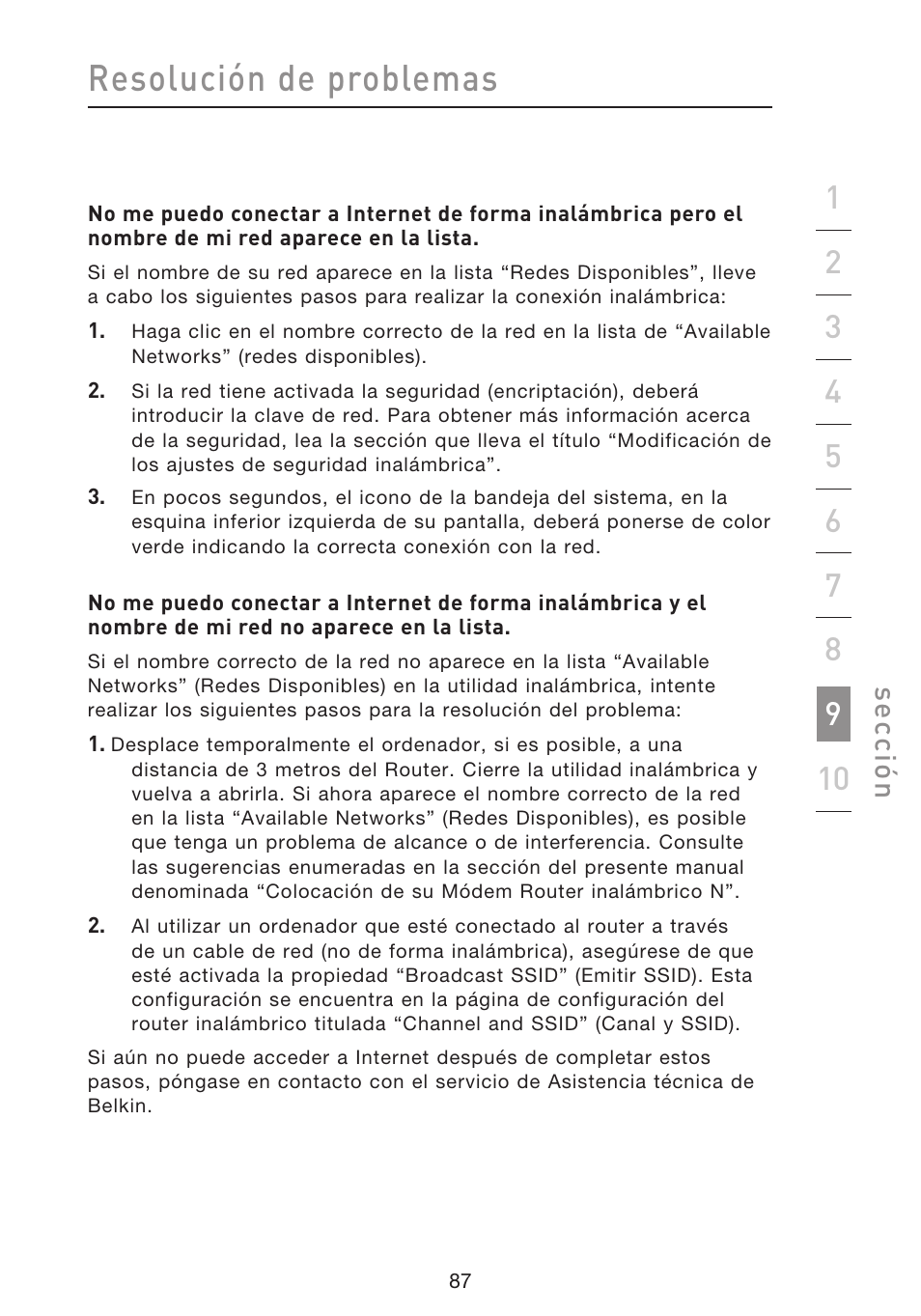 Resolución de problemas, Se cc ió n | Belkin F5D8633-4 User Manual | Page 493 / 606