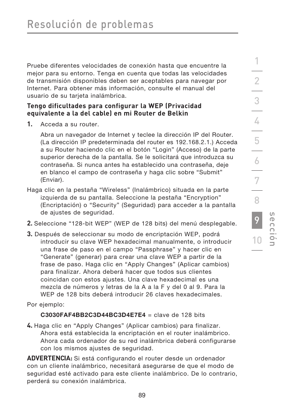 Resolución de problemas, Se cc ió n | Belkin F5D8633-4 User Manual | Page 495 / 606