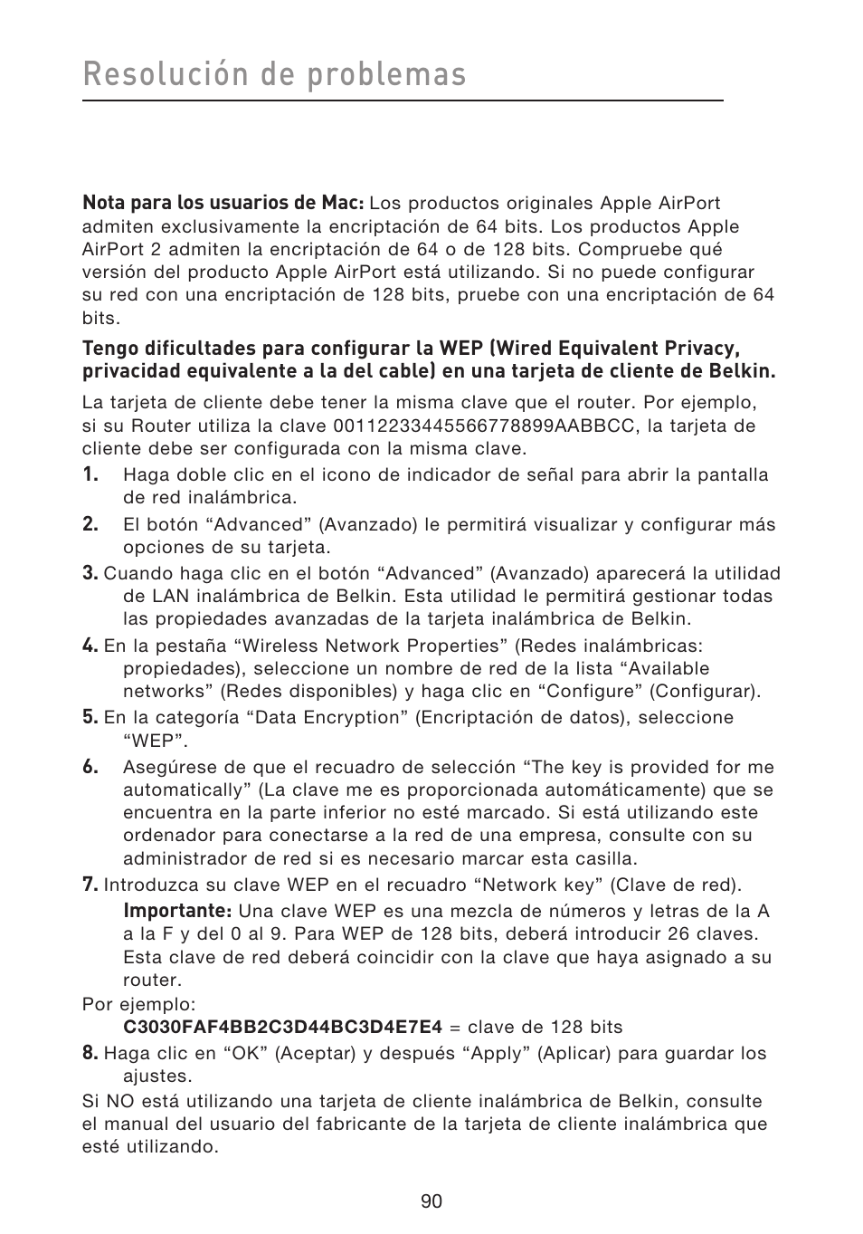 Resolución de problemas | Belkin F5D8633-4 User Manual | Page 496 / 606