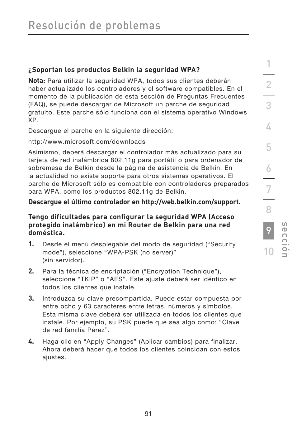 Resolución de problemas, Se cc ió n | Belkin F5D8633-4 User Manual | Page 497 / 606