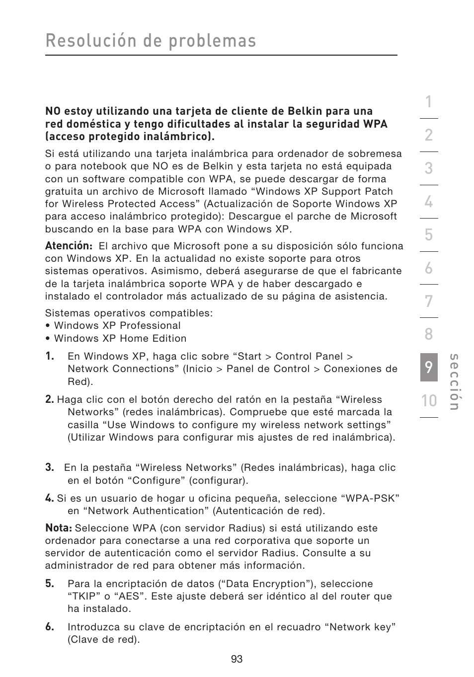 Resolución de problemas, Se cc ió n | Belkin F5D8633-4 User Manual | Page 499 / 606