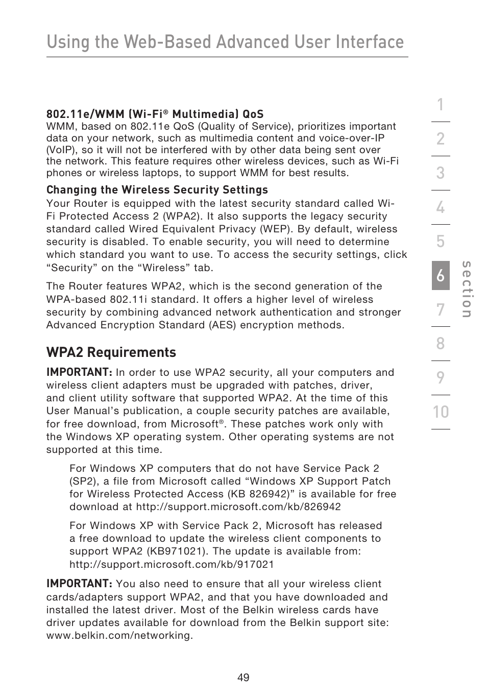 Using the web-based advanced user interface, Se ct io n | Belkin F5D8633-4 User Manual | Page 51 / 606