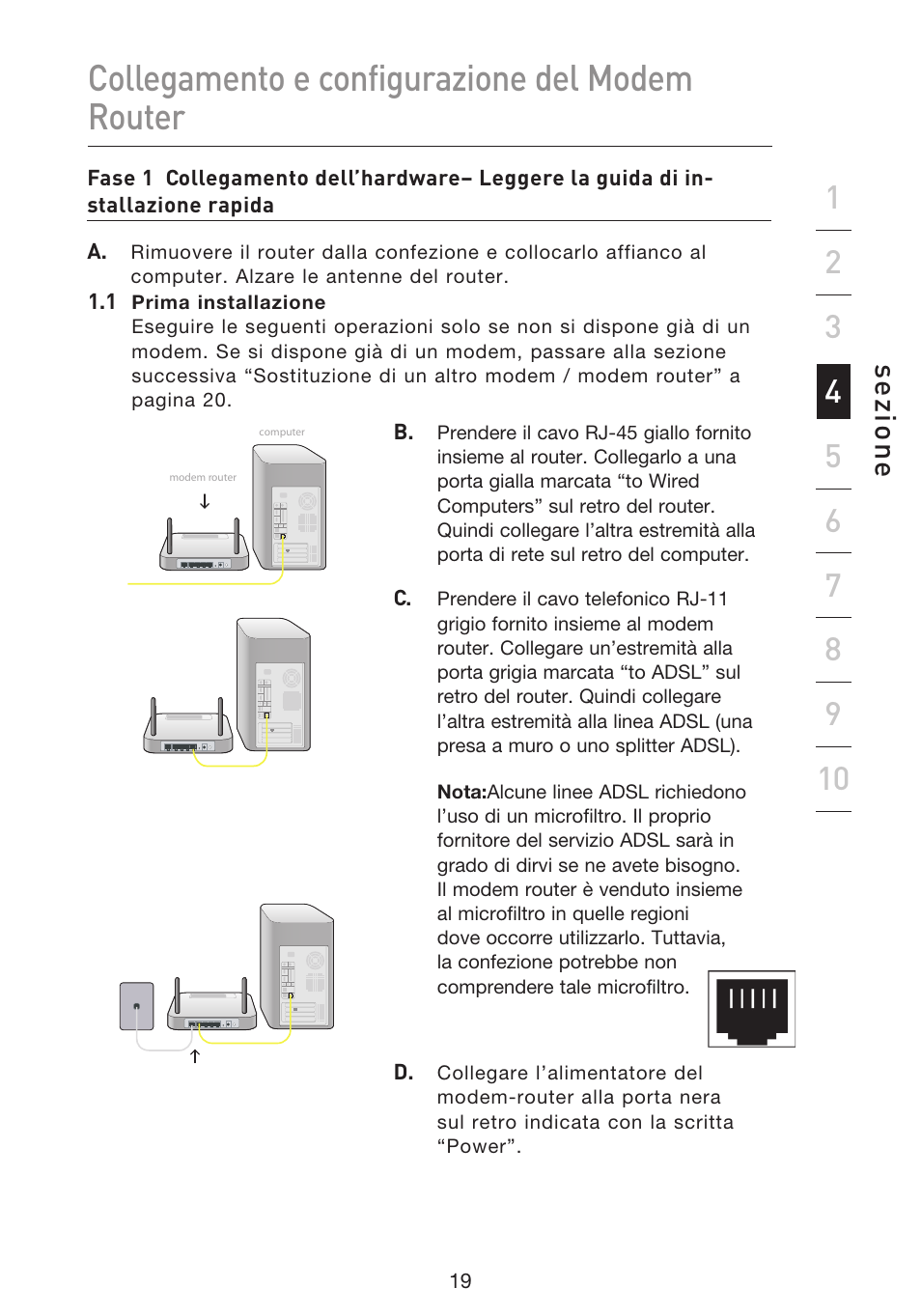Collegamento e configurazione del modem router, Se zio n e | Belkin F5D8633-4 User Manual | Page 526 / 606