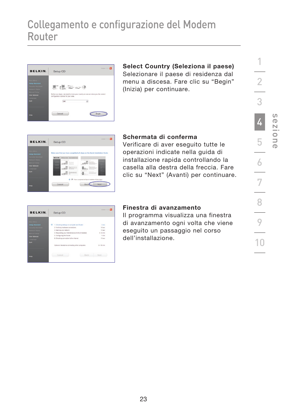 Collegamento e configurazione del modem router | Belkin F5D8633-4 User Manual | Page 530 / 606