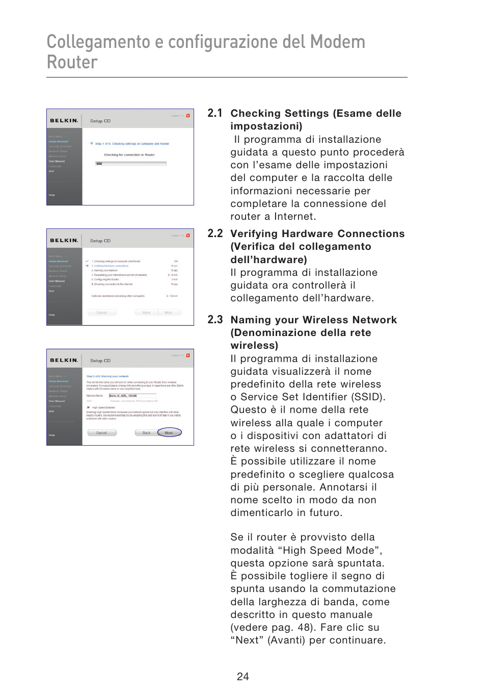 Collegamento e configurazione del modem router | Belkin F5D8633-4 User Manual | Page 531 / 606