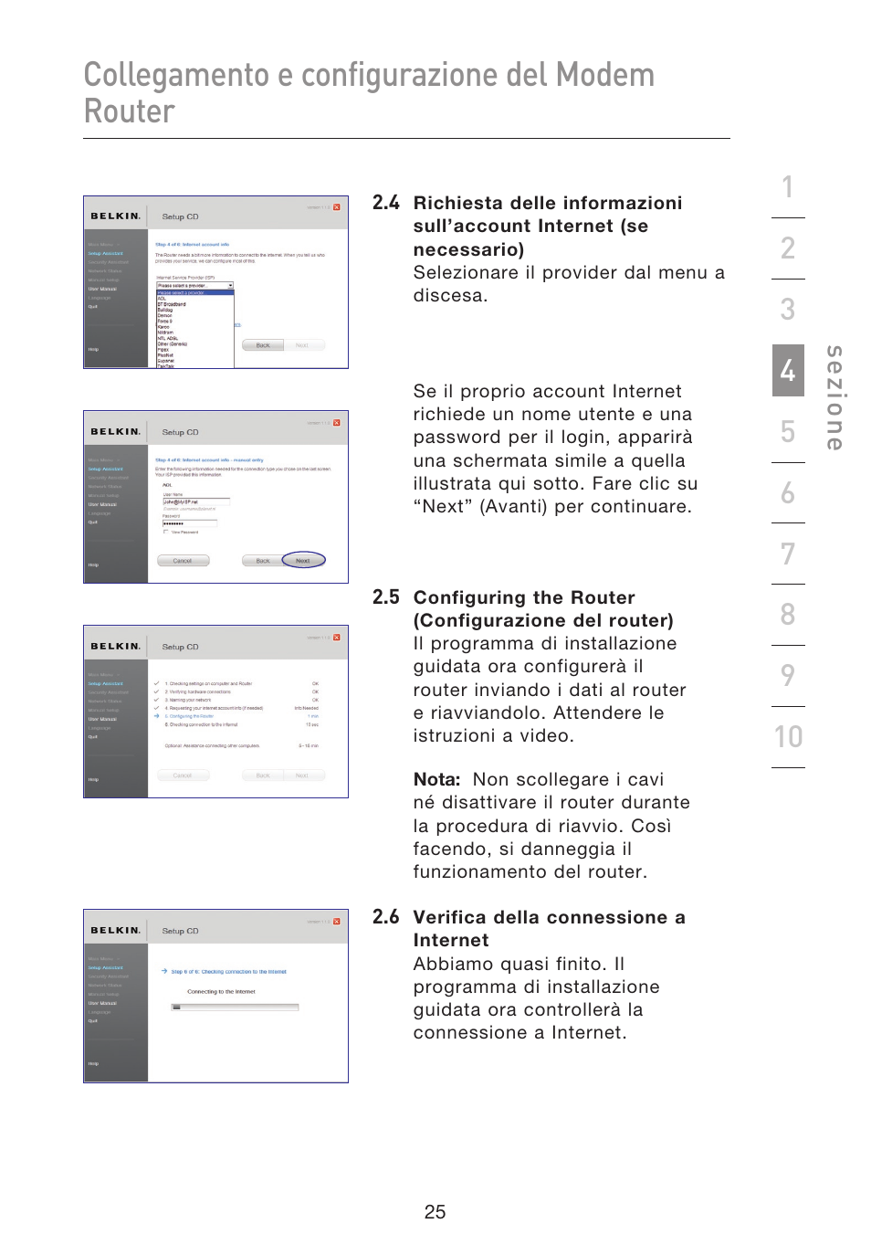 Collegamento e configurazione del modem router, Se zio n e | Belkin F5D8633-4 User Manual | Page 532 / 606