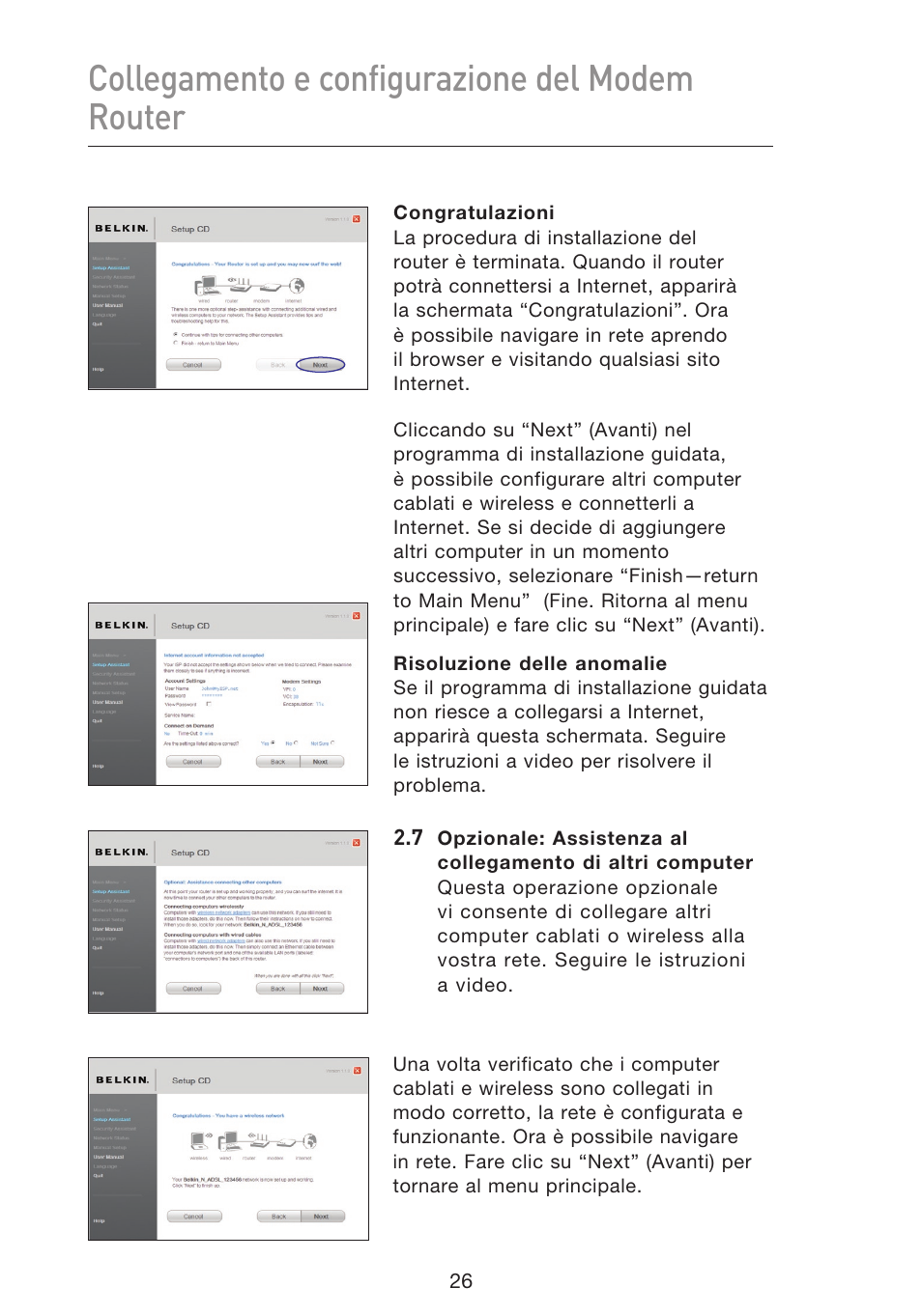 Collegamento e configurazione del modem router | Belkin F5D8633-4 User Manual | Page 533 / 606