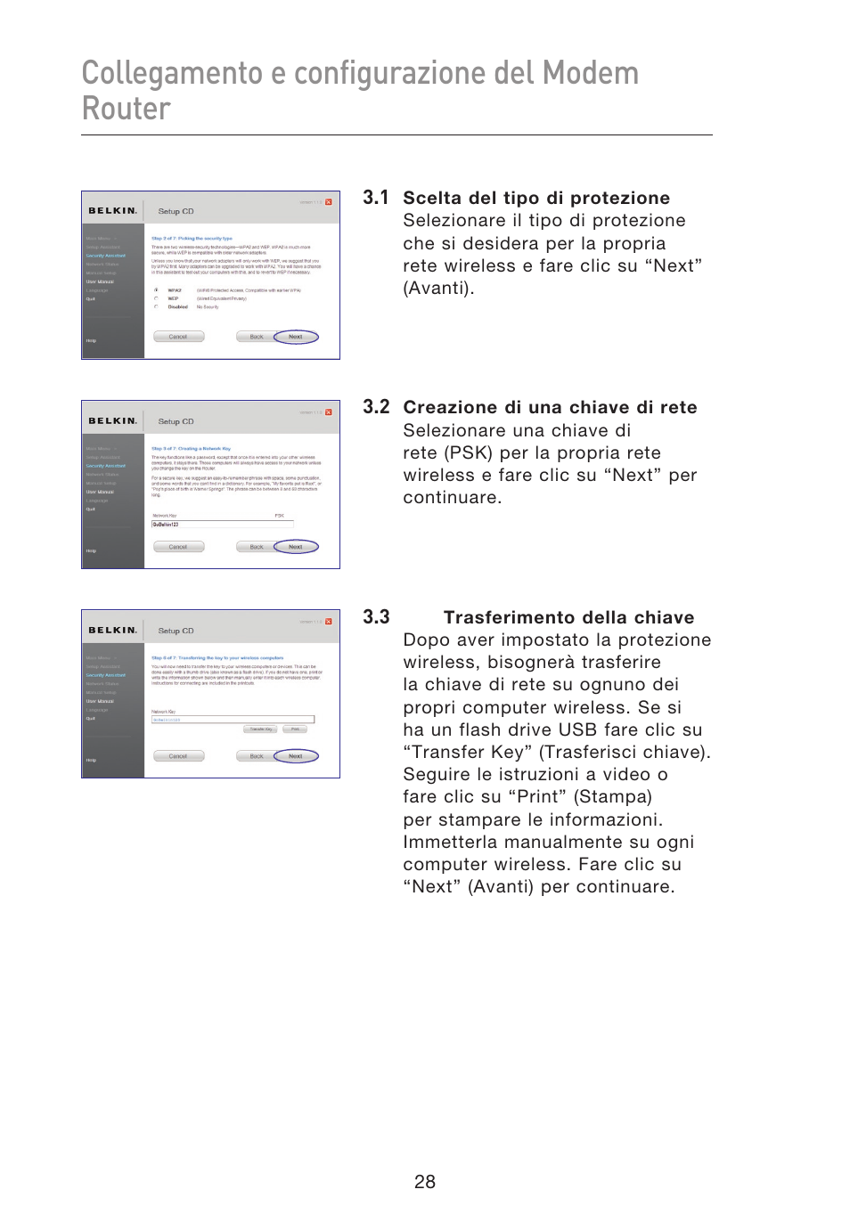 Collegamento e configurazione del modem router | Belkin F5D8633-4 User Manual | Page 535 / 606