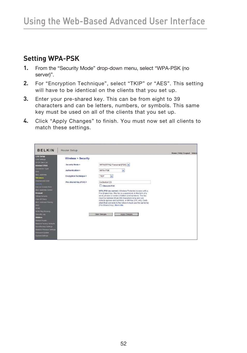 Using the web-based advanced user interface, Setting wpa-psk | Belkin F5D8633-4 User Manual | Page 54 / 606