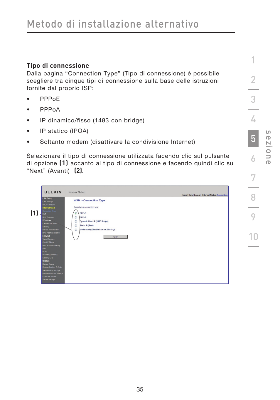 Metodo di installazione alternativo, Se zio n e | Belkin F5D8633-4 User Manual | Page 542 / 606