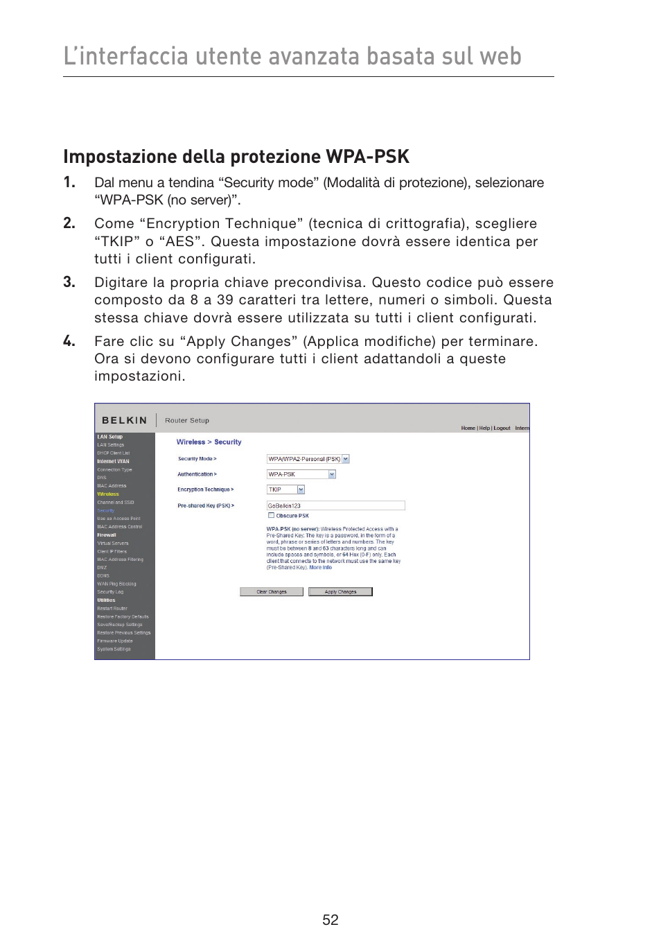 L’interfaccia utente avanzata basata sul web, Impostazione della protezione wpa-psk | Belkin F5D8633-4 User Manual | Page 559 / 606