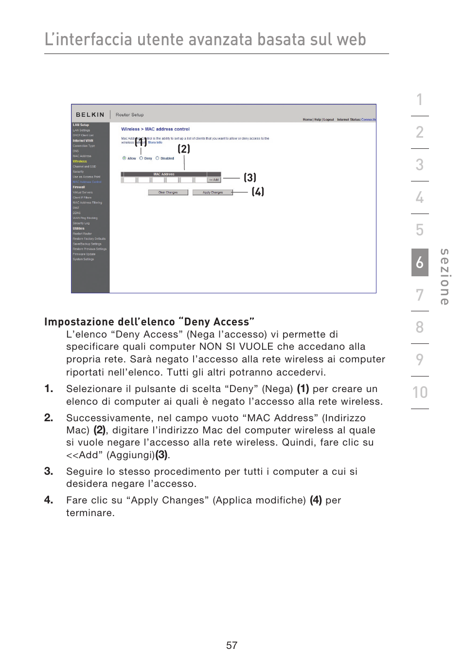 L’interfaccia utente avanzata basata sul web, Se zio n e | Belkin F5D8633-4 User Manual | Page 564 / 606