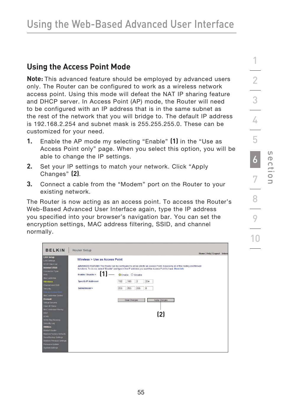 Using the web-based advanced user interface, Se ct io n | Belkin F5D8633-4 User Manual | Page 57 / 606