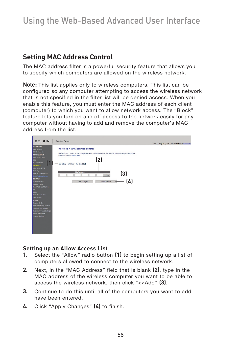 Using the web-based advanced user interface, Setting mac address control | Belkin F5D8633-4 User Manual | Page 58 / 606