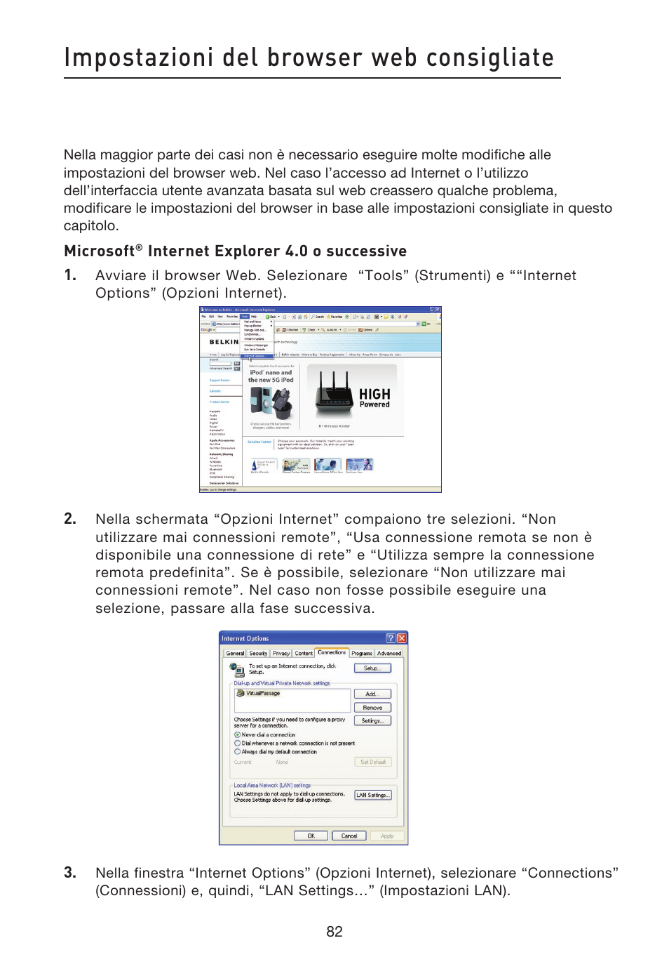 Impostazioni del browser web consigliate | Belkin F5D8633-4 User Manual | Page 589 / 606