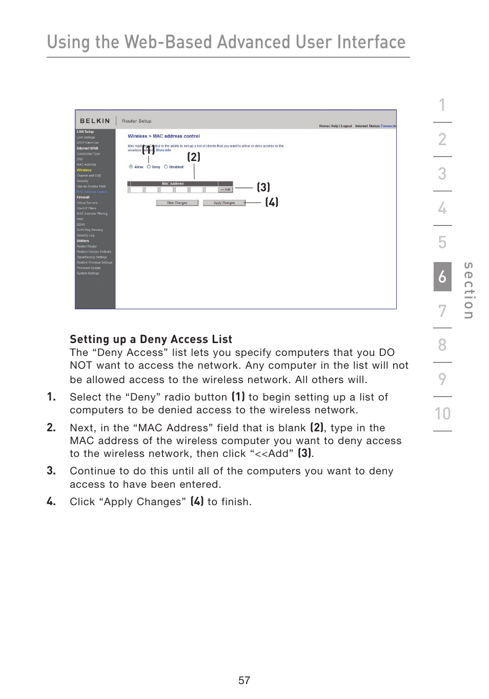 Using the web-based advanced user interface, Se ct io n | Belkin F5D8633-4 User Manual | Page 59 / 606