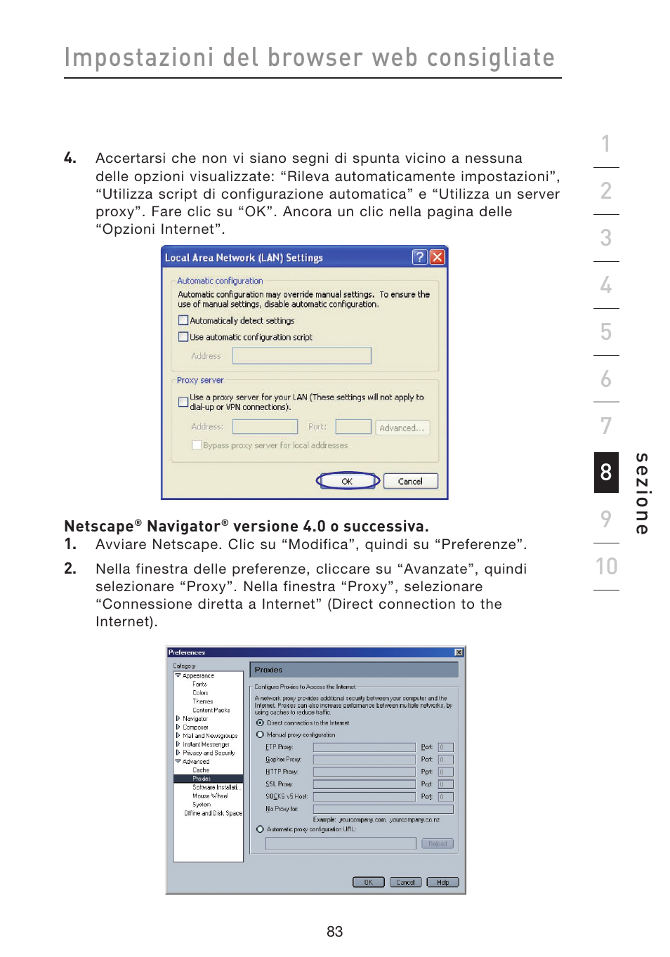 Impostazioni del browser web consigliate, Se zio n e | Belkin F5D8633-4 User Manual | Page 590 / 606