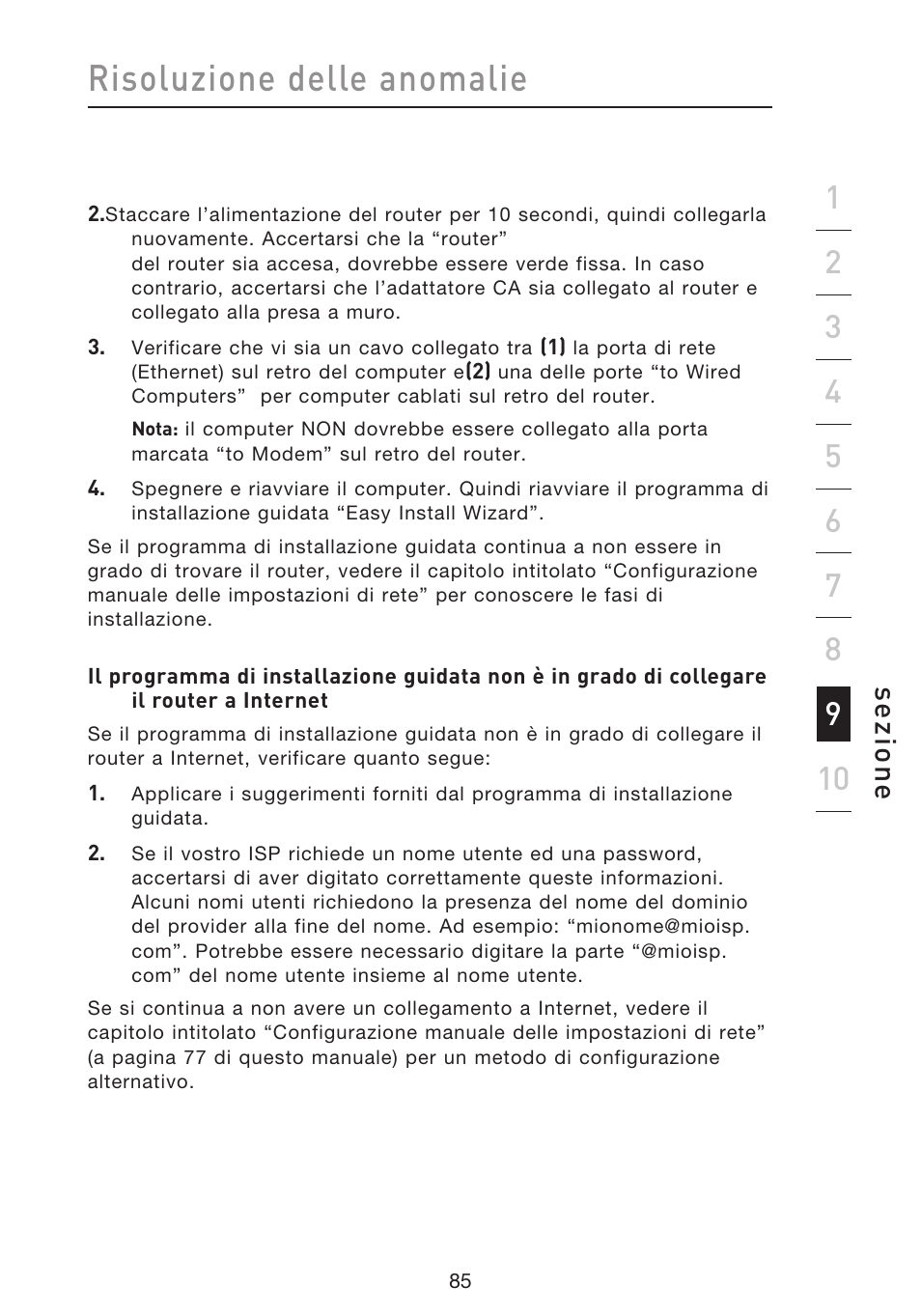 Risoluzione delle anomalie, Se zio n e | Belkin F5D8633-4 User Manual | Page 592 / 606