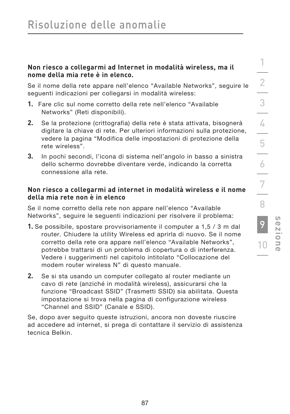 Risoluzione delle anomalie, Se zio n e | Belkin F5D8633-4 User Manual | Page 594 / 606