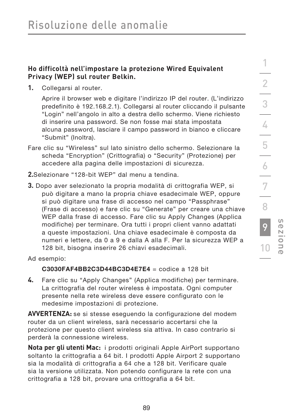 Risoluzione delle anomalie, Se zio n e | Belkin F5D8633-4 User Manual | Page 596 / 606